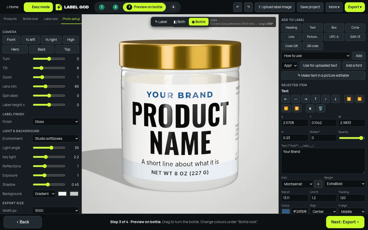 Label God app showing a label on a 3D jar with a gold lid, with design tools on each side