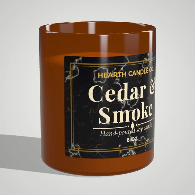 Cedar and Smoke candle label on a 3D amber glass candle