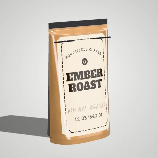 Ember Roast coffee label on a 3D kraft coffee bag