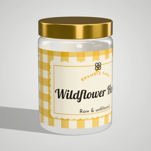 Wildflower honey label on a 3D glass jar with a gold lid