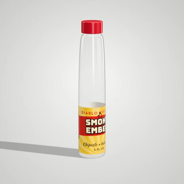 Smoky Ember hot sauce label on a 3D woozy bottle