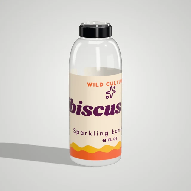 Hibiscus kombucha label on a 3D bottle