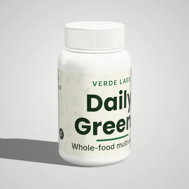 Daily Greens supplement label on a 3D pill bottle